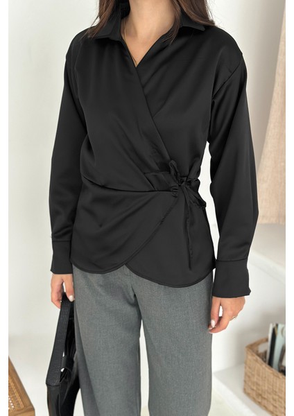 Kadın Saten Yan Bağlamalı Kruvaze Gömlek – Akışkan & Şehirli Stil indirimleri