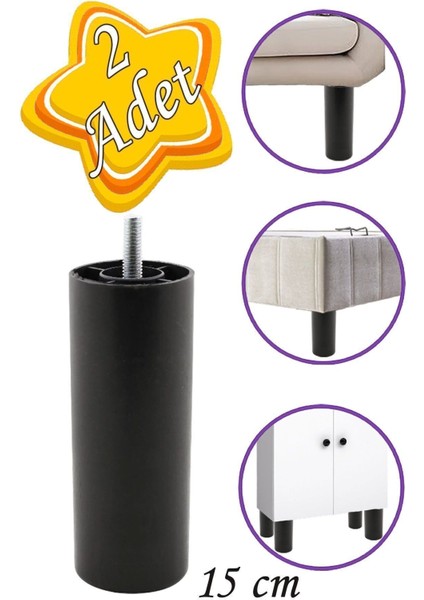 2 Adet Silindir Destek Ayağı 15 cm Siyah Gizli Ayak M8 Civatalı Incediş Mobilya Kanepe Baza Koltuk M