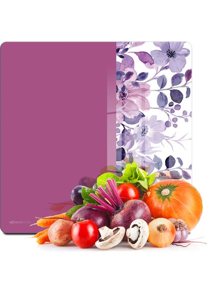 Cam Kesme Tahtası ve Sunumluk Kare Vintage Lila Çiçek 30X30 cm