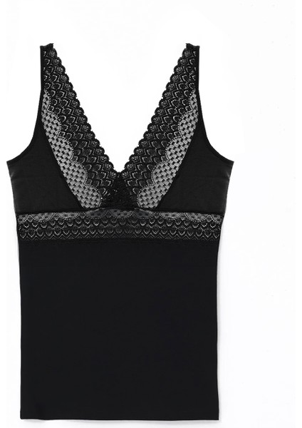 V Neck Dantel Detaylı Siyah Kadın Askılı Pamuklu Bluz