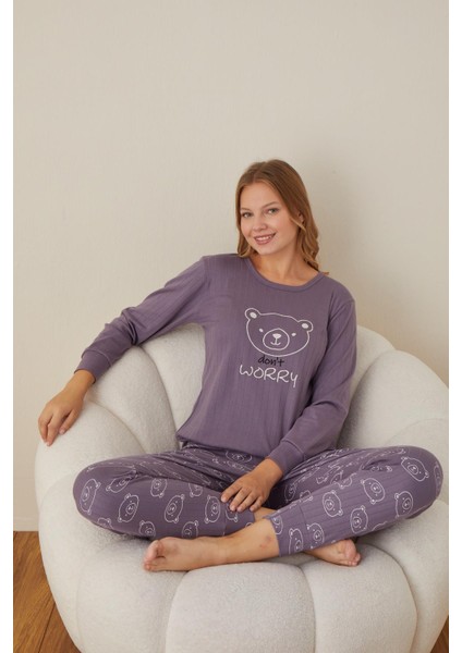 Kadın Pamuk'lu Düğme Yaka Raporlu Interlok Kışlık Pijama Takımı 05006 - 1 Adet