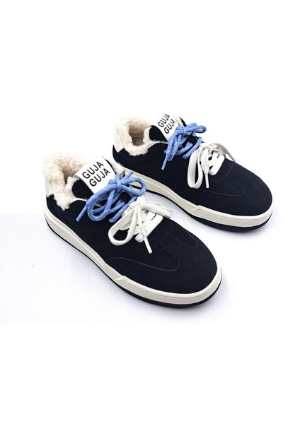 G25K372 Içi Kürklü Siyah Renk Kadın Süet Sneaker Ayakkabı