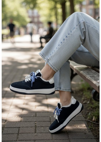 G25K372 Içi Kürklü Siyah Renk Kadın Süet Sneaker Ayakkabı