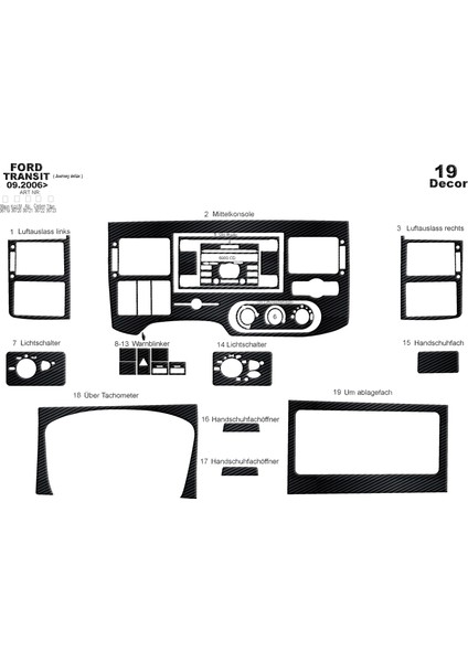 Ford Transit Journey Konsol-Torpido Kaplama 2006-2010 19 Parça Siyah Karbon