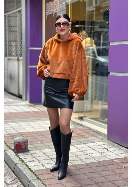 Kadın Crop Boy Yumuşacık Balon Uzun Kol Kapüşonlu Şık Kısa Sweatshirt fırsatları