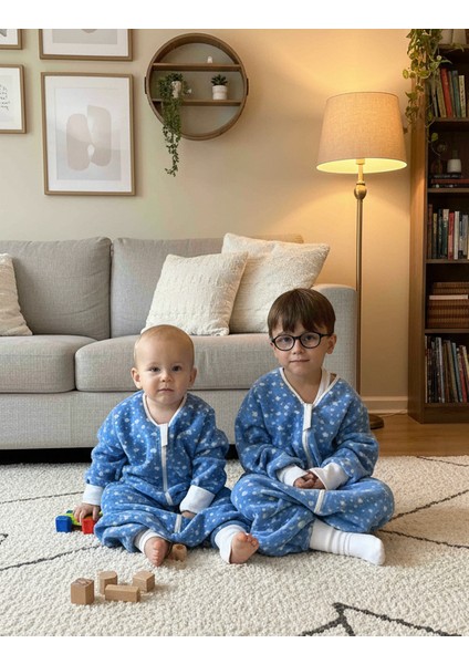 Yıldızlı, Mavi Çift Taraflı Fermuarlı, Mikro Polar Bebek Çocuk Uyku Tulumu Unisex Tog 2