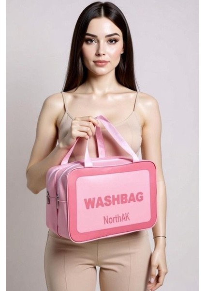 Çift Bölmeli Şeffaf Spor Seyahat Makyaj ve Kozmetik Çantası - Anne Bebek Büyük Boy Washbag Pembe