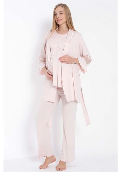 Kısa Kol Bisiklet Yaka Kadın Viskon Dantel Detaylı Hamile Pijama Takımı Sabahlık