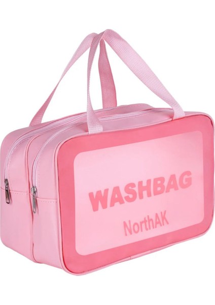 Çift Bölmeli Şeffaf Spor Seyahat Makyaj ve Kozmetik Çantası - Anne Bebek Büyük Boy Washbag Pembe fırsatları