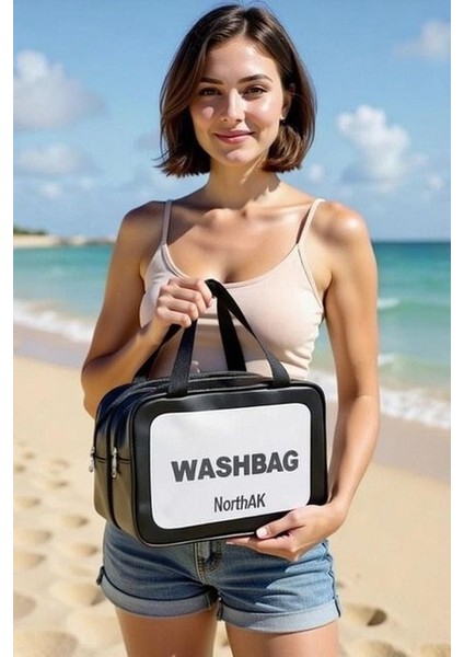 Şeffaf Seyahat Makyaj Çantası - Kozmetik ve Makyaj Çantası Büyük Boy Washbag Siyah