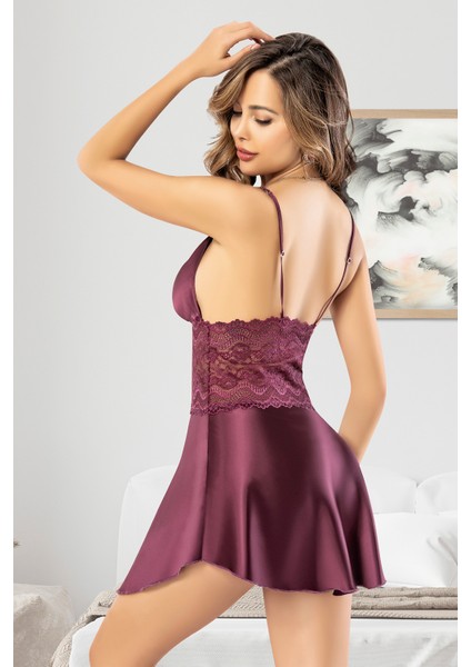 Miss Laris 2032 Bordo Dantelli Ip Askılı Kadın Saten Gecelik