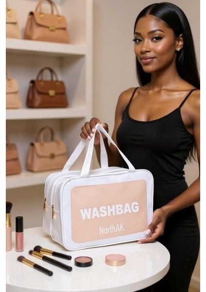 Şeffaf Seyahat Spor Makyaj Çantası - Kozmetik ve Makyaj Çantası Büyük Boy Washbag Beyaz