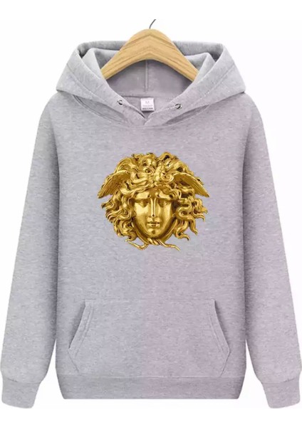 Punıx Büyük Beden Altın Varak Medusa Başı Baskılı Tam Kışlık Kapüşonlu Erkek Sweatshırt