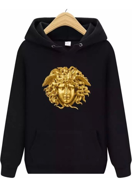 Punıx Büyük Beden Altın Varak Medusa Başı Baskılı Tam Kışlık Kapüşonlu Erkek Sweatshırt