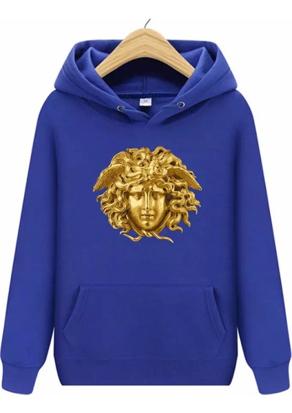 Punıx Büyük Beden Altın Varak Medusa Başı Baskılı Tam Kışlık Kapüşonlu Erkek Sweatshırt