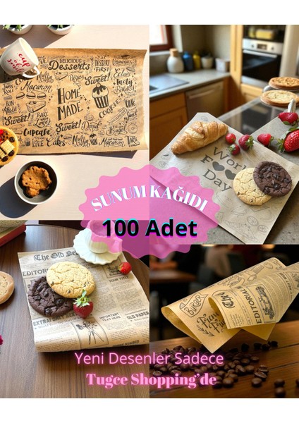 100 Adet Sunum Kağıdı 8 Farklı Kendinden Desenli Sofra Gazete Özel Desen Vintage Gazete Yağlı Kağıt