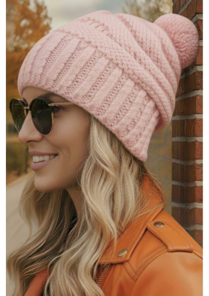 Kadın Kışlık Ponponlu Kalın Örgü Bere