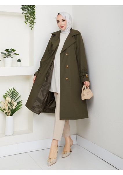 Kadın Astarlı Kruvaze Yaka Kuşaklı Trençkot -PMK471