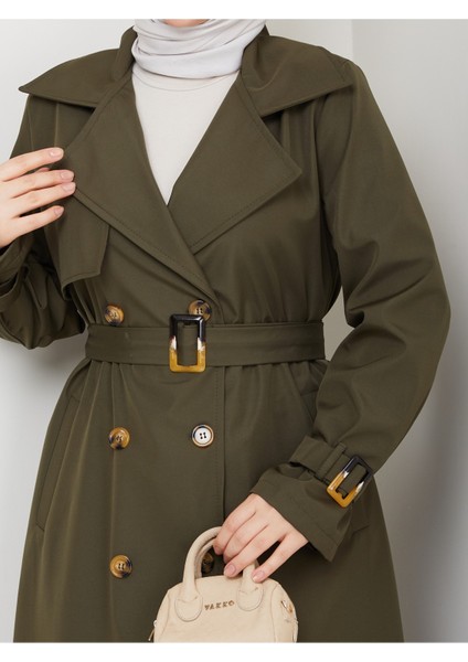 Kadın Astarlı Kruvaze Yaka Kuşaklı Trençkot -PMK471 indirimleri