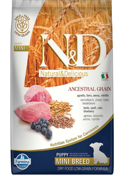 Nd Ancestral Grain Düşük Tahıllı Kuzu Eti ve Yaban Mersinli Küçük Irk Yavru Köpek Maması 7kg