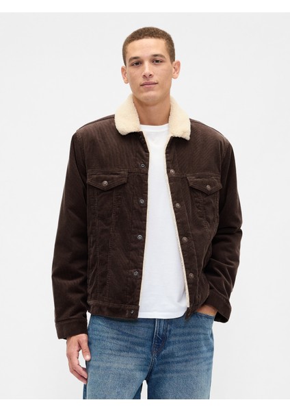 Erkek Kahverengi Sherpa-Astarlı Icon Kadife Ceket