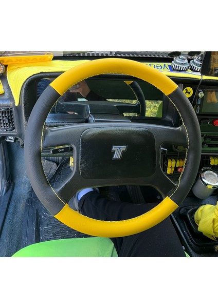 Dikişli Direksiyon Kılıfı Siyah Deri Sarı Deri Sarı Dikişli Tofaş Için