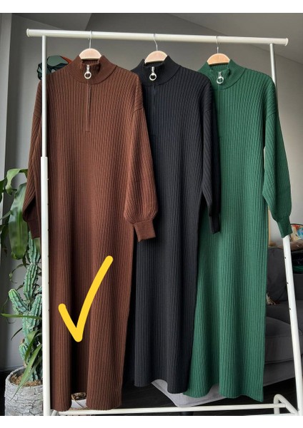 Triko Uzun Kadın Elbise - Boğazı Fermuarlı Triko Uzun Kaliteli Elbise modelleri