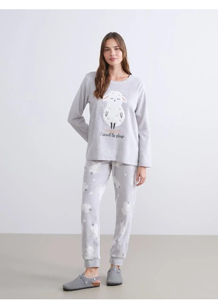 Bisiklet Yaka Nakışlı Polar Kadın Pijama Takımı (W5)