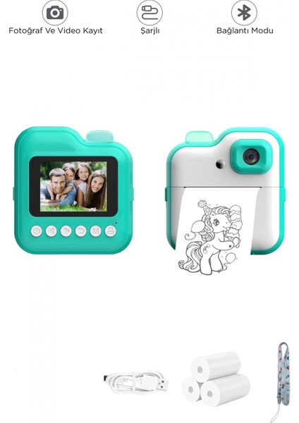 Dijital Video Kayıt Fotoğraf Çocuk Kamerası Anlık Termal Resim Kağıt Baskılı Mavi