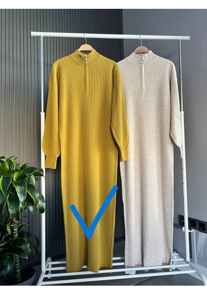 Triko Uzun Kadın Elbise - Boğazı Fermuarlı Triko Uzun Kaliteli Elbise
