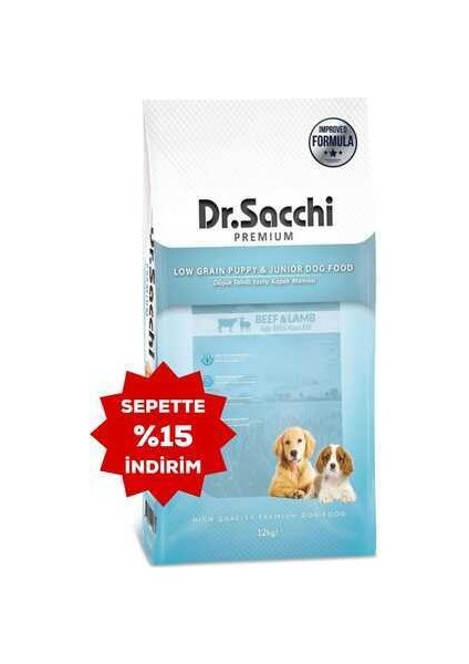 Dr.sacchi Düşük Tahıllı Sığır Etli ve Kuzu Etli Yavru Köpek Maması 12KG