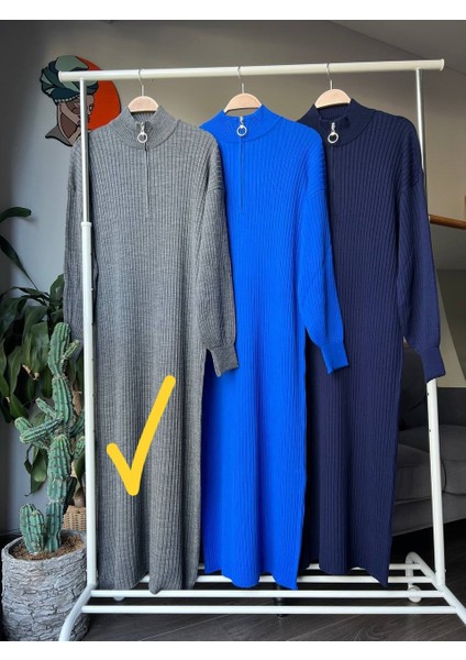 Triko Uzun Kadın Elbise - Boğazı Fermuarlı Triko Uzun Kaliteli Elbise fiyatları