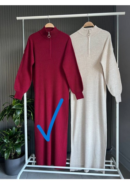 Triko Uzun Kadın Elbise - Boğazı Fermuarlı Triko Uzun Kaliteli Elbise fırsatları