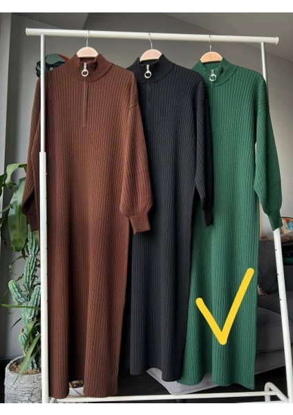 Triko Uzun Kadın Elbise - Boğazı Fermuarlı Triko Uzun Kaliteli Elbise