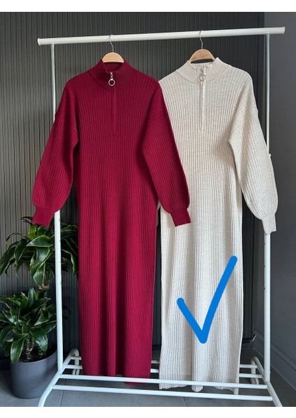 Triko Uzun Kadın Elbise - Boğazı Fermuarlı Triko Uzun Kaliteli Elbise