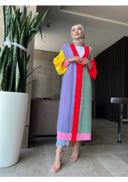 Triko Kaliteli Uzun Hırka - Kadın Triko Uzun Renkli Düğmeli Hırka