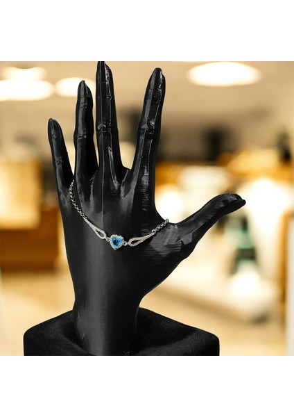 925 Ayar Gümüş Turkuaz Kalp Taşlı Zirkon Taşlarla Çevrili Bileklik modelleri