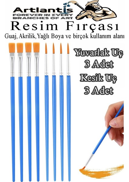 Resim Fırçası Kesik ve Yuvarlak Uçlu 8 Adet Sentetik Fırça Ekonomik Suluboya Akrilik Boya Guaj Boya Yağlı Boya Resim