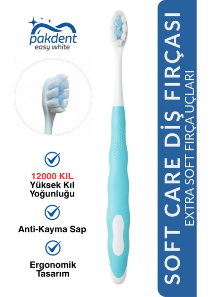 Soft Care Extra Yumuşak Diş Fırçası | Yüksek Kıl Yoğunluğu ( 12000 Kıl ) | Anti-Kayma Sap