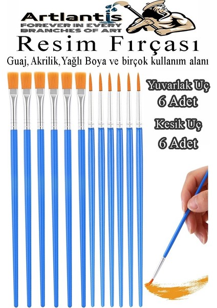 Resim Fırçası Kesik ve Yuvarlak Uçlu 12 Adet Sentetik Fırça Ekonomik Suluboya Akrilik Boya Guaj Boya Yağlı Boya Resim