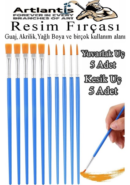 Resim Fırçası Kesik ve Yuvarlak Uçlu 10 Adet Sentetik Fırça Ekonomik Suluboya Akrilik Boya Guaj Boya Yağlı Boya Resim