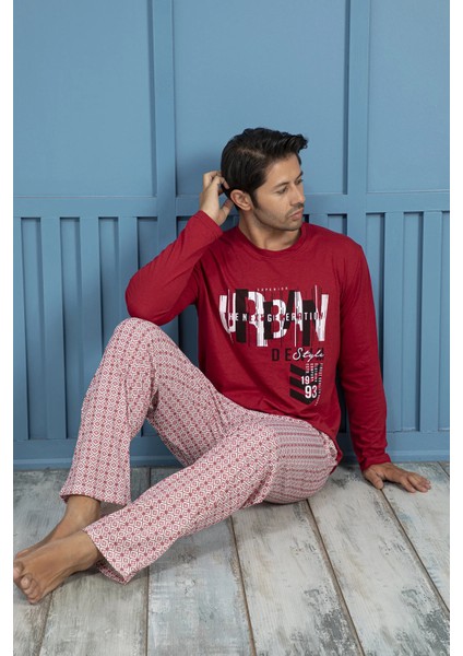 Uzun Kollu Erkek Pijama Takımı--Kırmızı Renk--