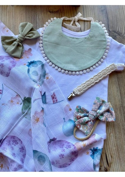5 Parça Uçan Balon Müslin Set(Müslin Örtü, Önlük, Emzik Klipsi, 2 Adet Toka fiyatları