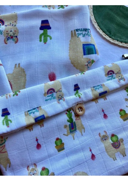 4 Parça Lamamüslin Set(Müslin Örtü, Düzenleyici Anne Çanta, Önlük, Emzik Klipsi)