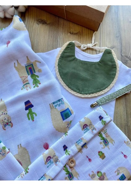 4 Parça Lamamüslin Set(Müslin Örtü, Düzenleyici Anne Çanta, Önlük, Emzik Klipsi) fiyatları