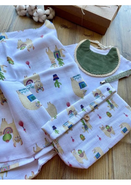 4 Parça Lamamüslin Set(Müslin Örtü, Düzenleyici Anne Çanta, Önlük, Emzik Klipsi) modelleri