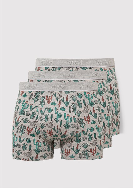 3lü Kaktüs Baskılı Gri Boxer 0912212-23854