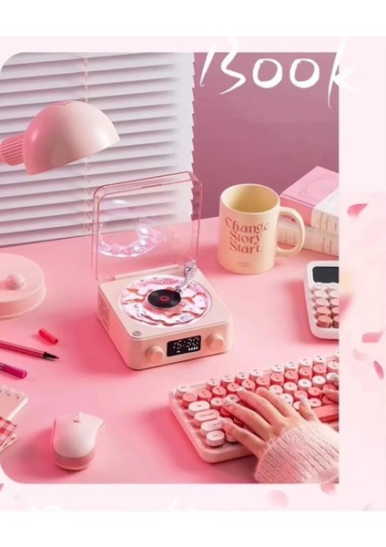 Waves Nostalji Plak Görünümlü Bluetooth Hoparlör 3D Ses Dalgası Retro Müzik Plak Pembe indirimleri