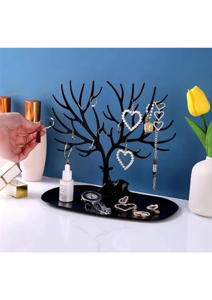 Siyah Renk Geyik Tasarımlı Takı Standı Yüzük Kolye Mücevher Askısı Organizer