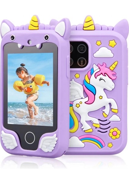 Çocuklar Için Eğitici Telefon Dokunmatik Ekran Çift Kameralı Fenerli Müzik Çalar Oyun Video Mor